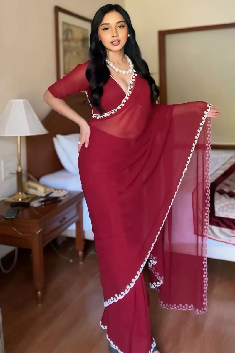 Most Blooming 1-Minute Ready To Wear Maroon Georgette Saree