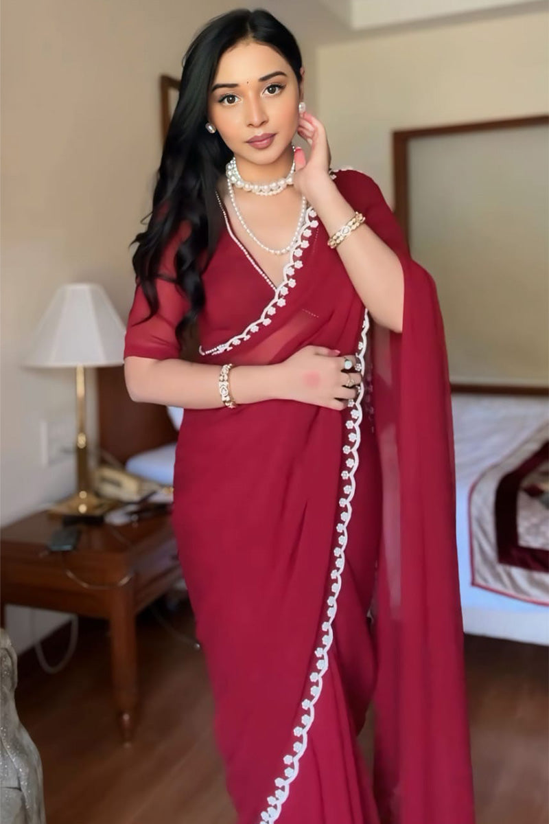 Most Blooming 1-Minute Ready To Wear Maroon Georgette Saree