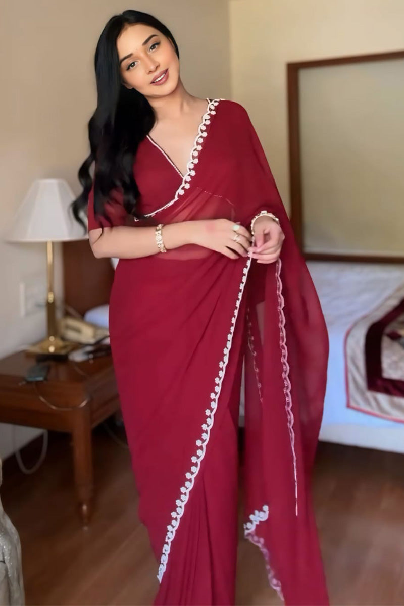 Most Blooming 1-Minute Ready To Wear Maroon Georgette Saree