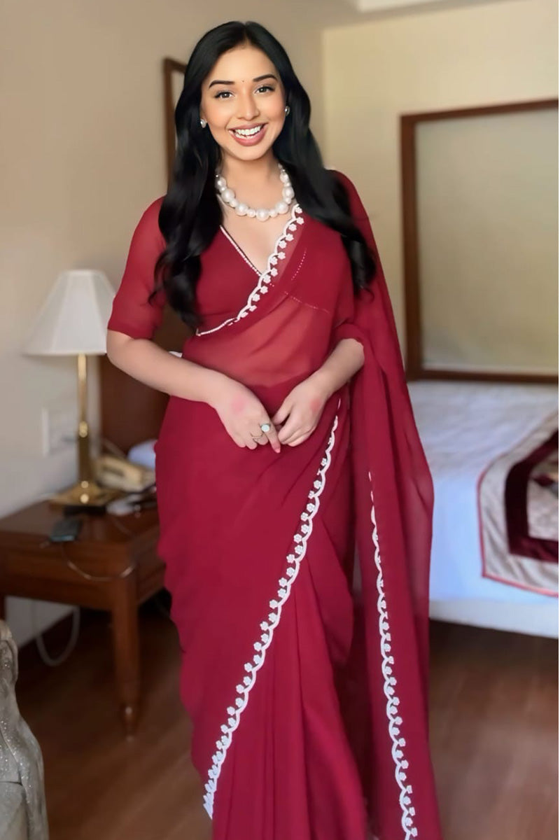 Most Blooming 1-Minute Ready To Wear Maroon Georgette Saree