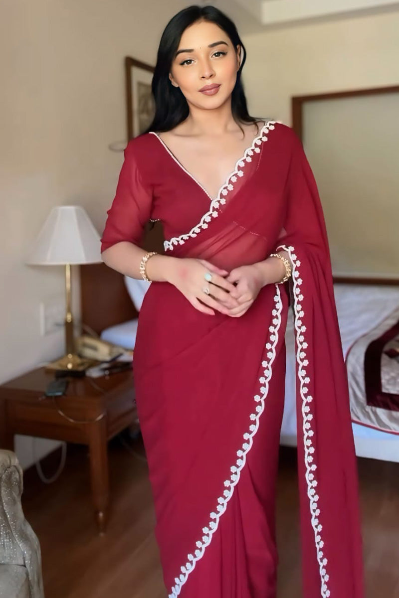 Most Blooming 1-Minute Ready To Wear Maroon Georgette Saree