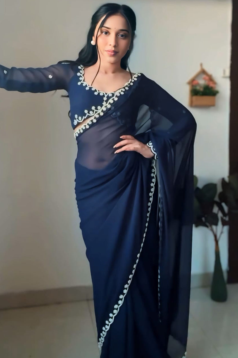 Resplendent 1-Minute Ready To Wear Navy Blue Georgette Saree