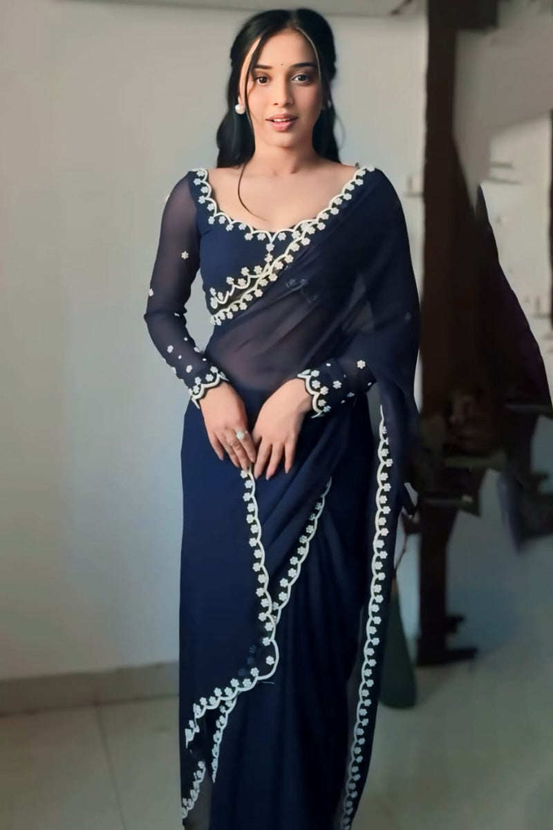 Resplendent 1-Minute Ready To Wear Navy Blue Georgette Saree