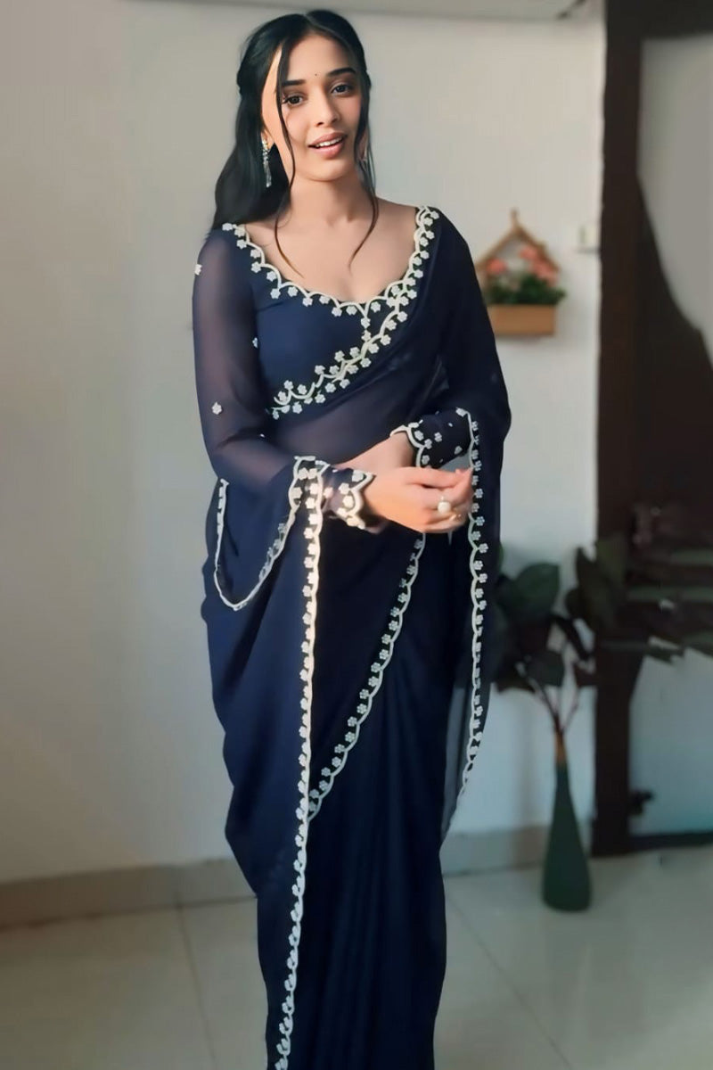 Resplendent 1-Minute Ready To Wear Navy Blue Georgette Saree