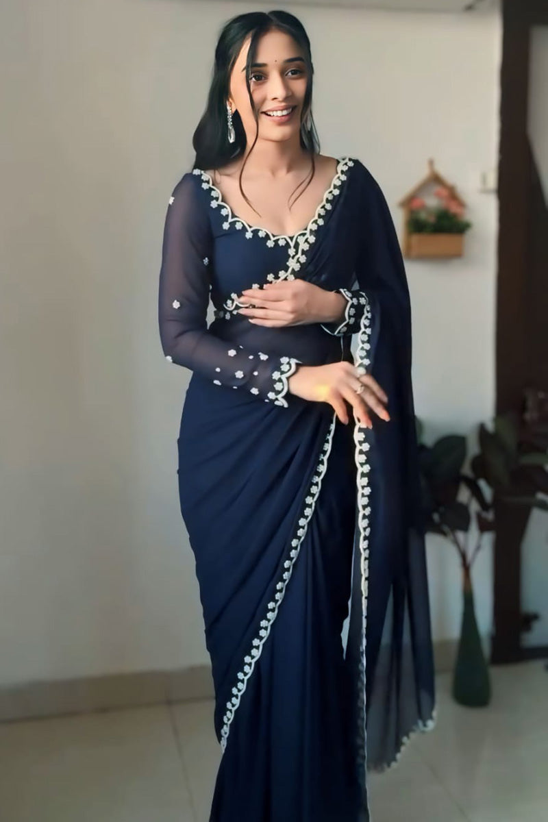 Resplendent 1-Minute Ready To Wear Navy Blue Georgette Saree