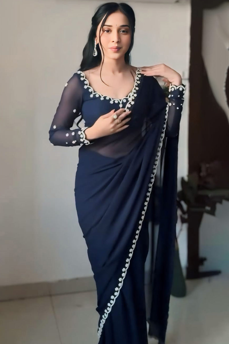 Resplendent 1-Minute Ready To Wear Navy Blue Georgette Saree