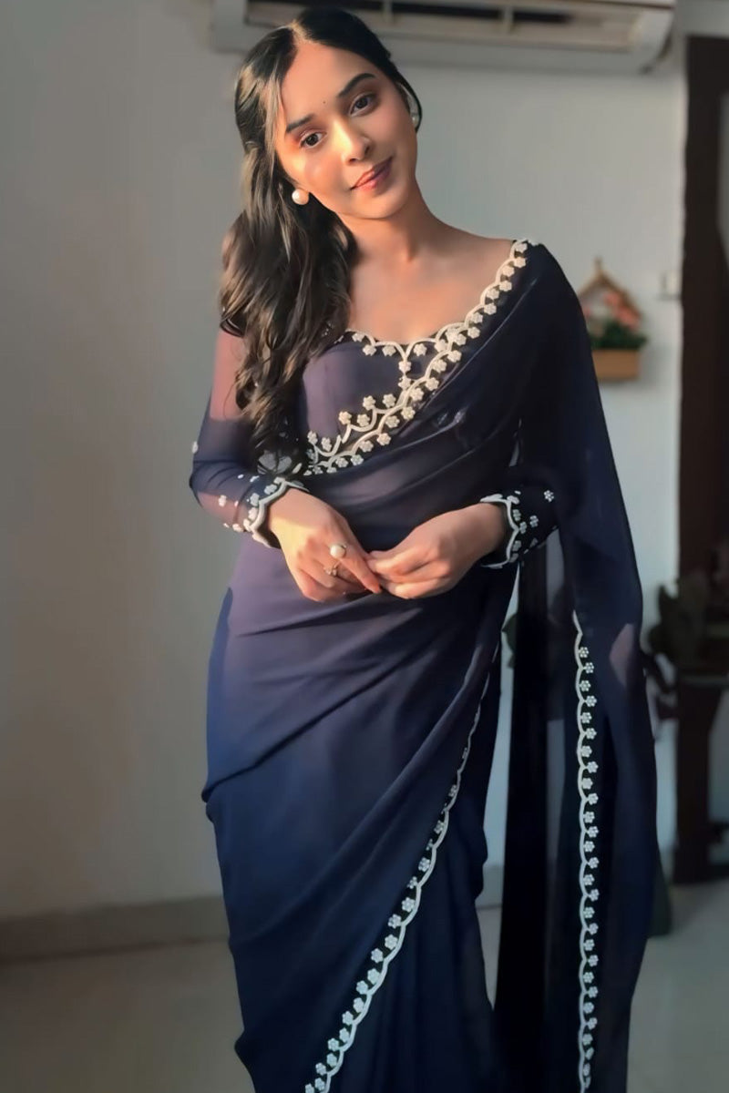Resplendent 1-Minute Ready To Wear Navy Blue Georgette Saree