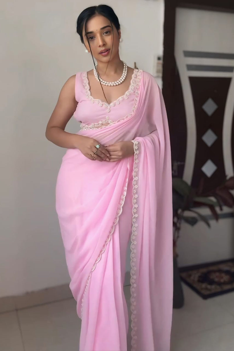 Capricious 1-Minute Ready To Wear Pink Georgette Saree