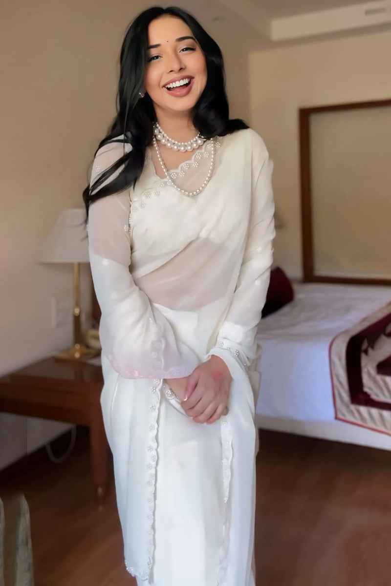 Exceptional 1-Minute Ready To Wear White Georgette Saree