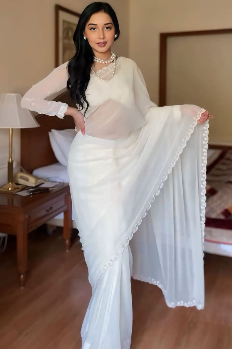 Exceptional 1-Minute Ready To Wear White Georgette Saree