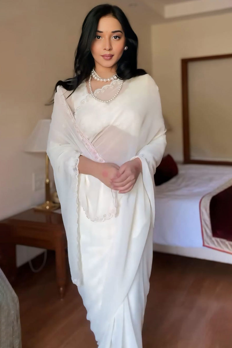 Exceptional 1-Minute Ready To Wear White Georgette Saree