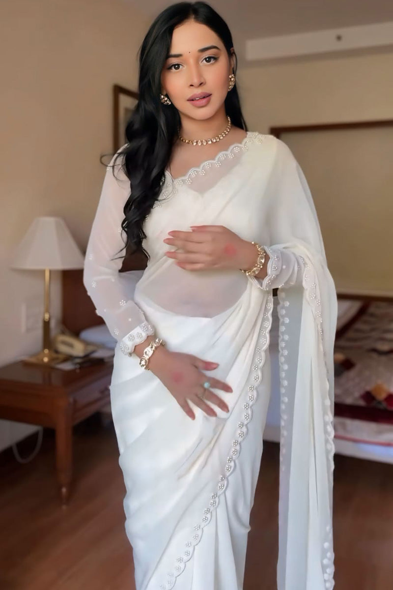 Exceptional 1-Minute Ready To Wear White Georgette Saree