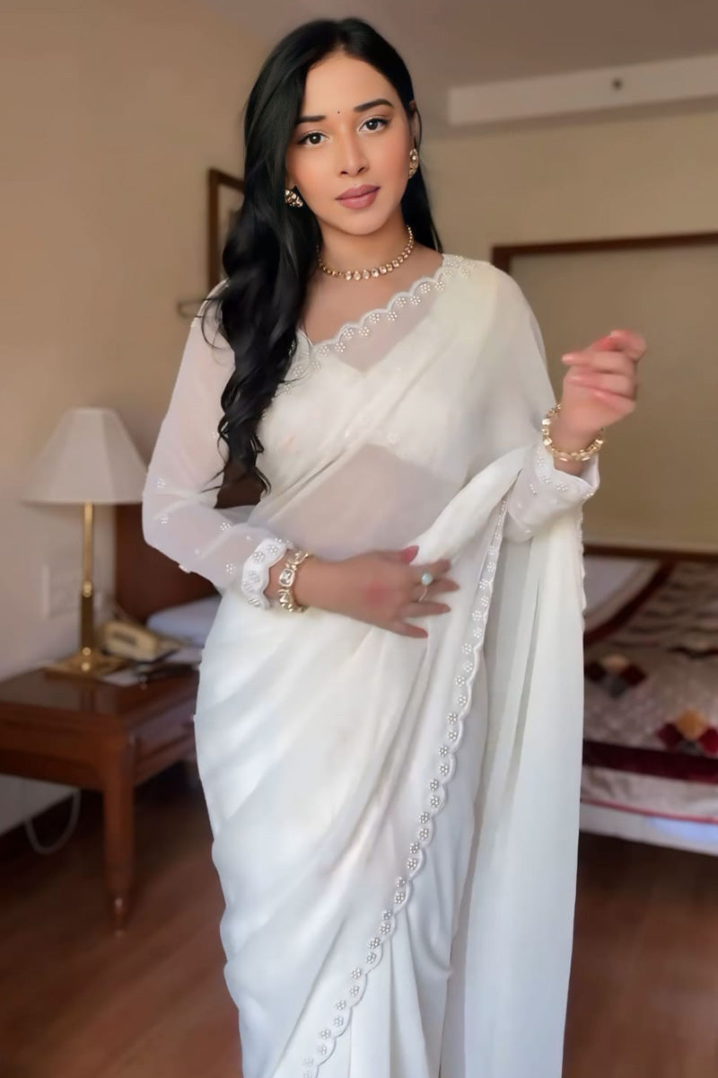 Exceptional 1-Minute Ready To Wear White Georgette Saree