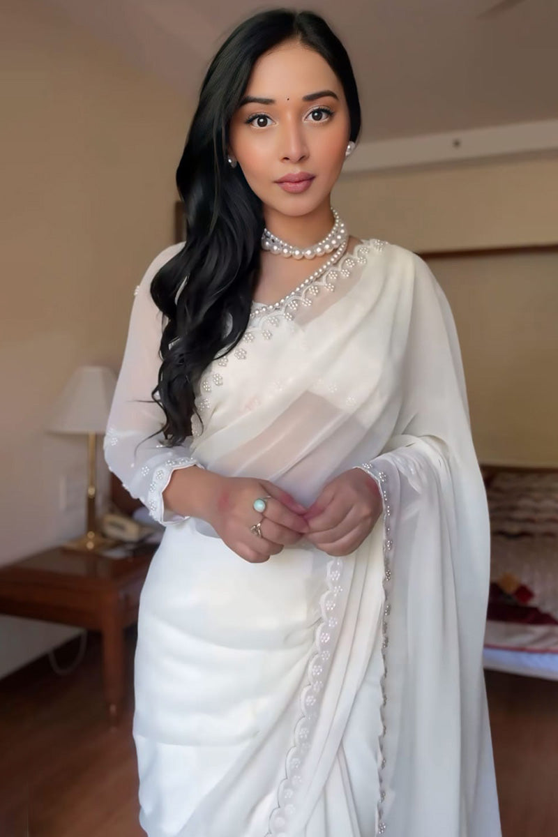 Exceptional 1-Minute Ready To Wear White Georgette Saree