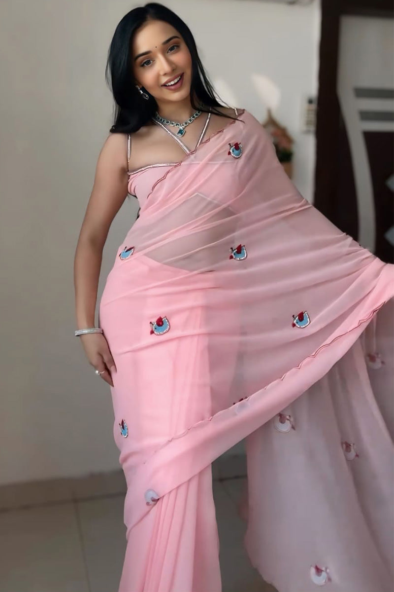 Smashing 1-Minute Ready To Wear Pink Georgette Saree