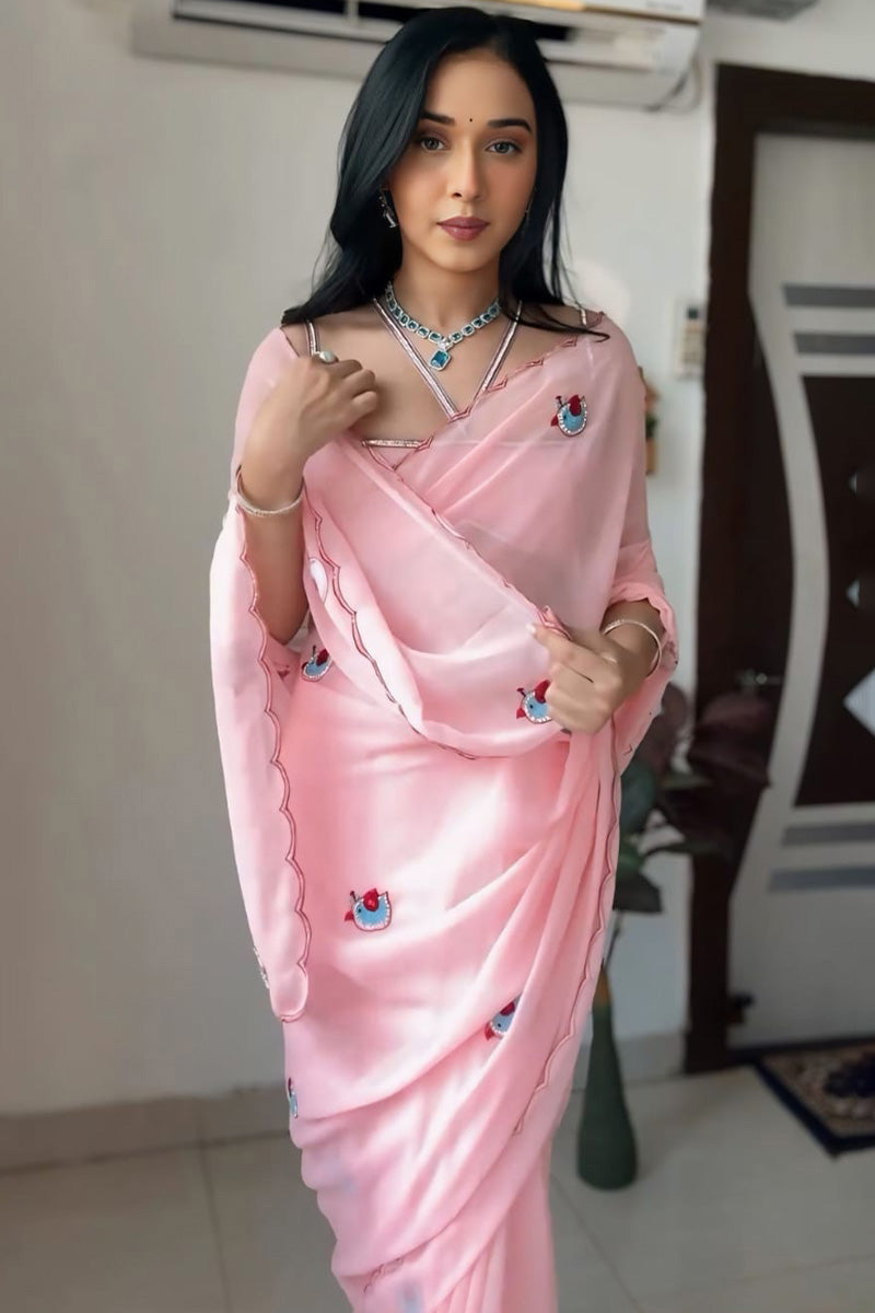 Smashing 1-Minute Ready To Wear Pink Georgette Saree