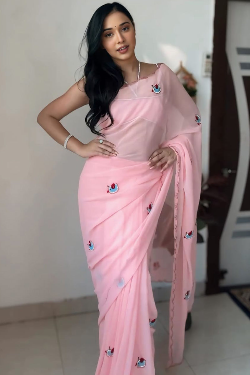 Smashing 1-Minute Ready To Wear Pink Georgette Saree