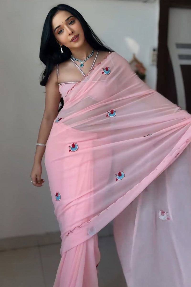Smashing 1-Minute Ready To Wear Pink Georgette Saree
