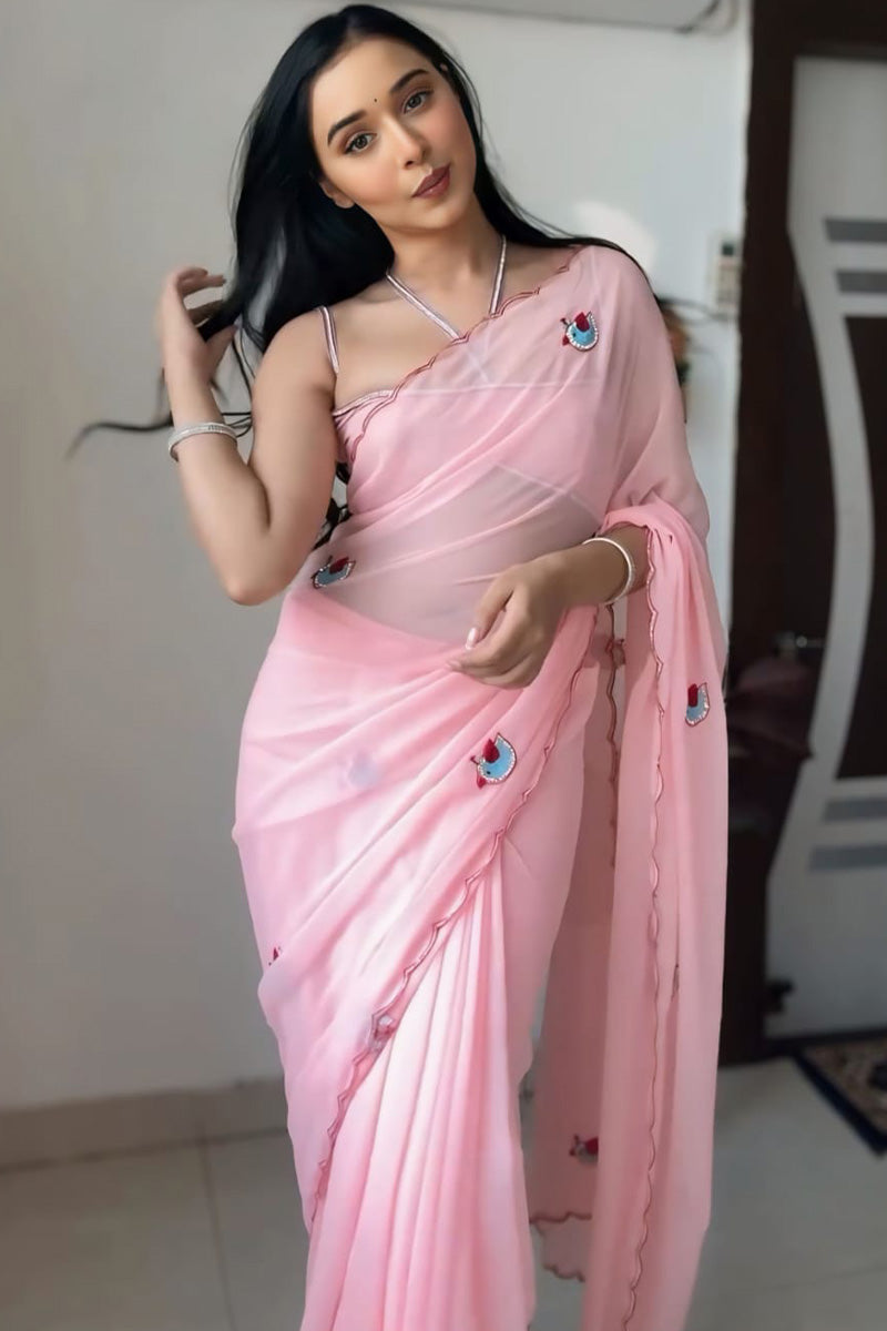Smashing 1-Minute Ready To Wear Pink Georgette Saree