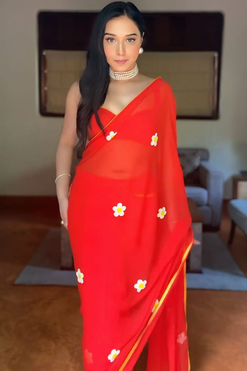 Sizzling 1-Minute Ready To Wear Red Georgette Saree
