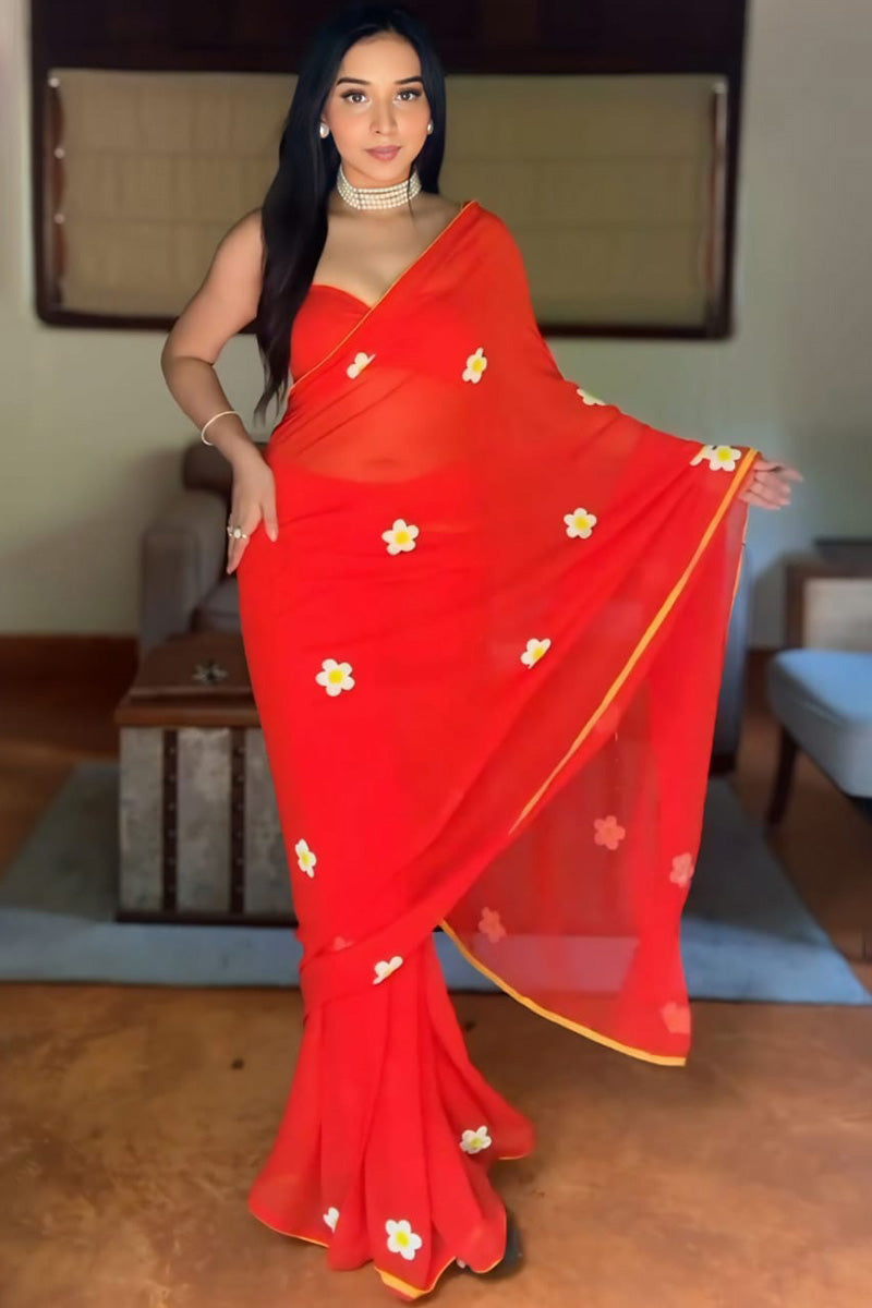 Sizzling 1-Minute Ready To Wear Red Georgette Saree