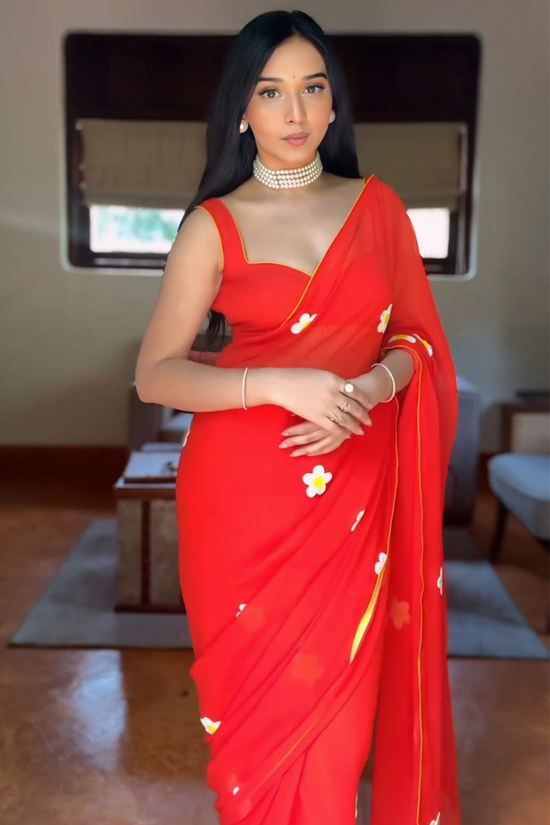 Sizzling 1-Minute Ready To Wear Red Georgette Saree