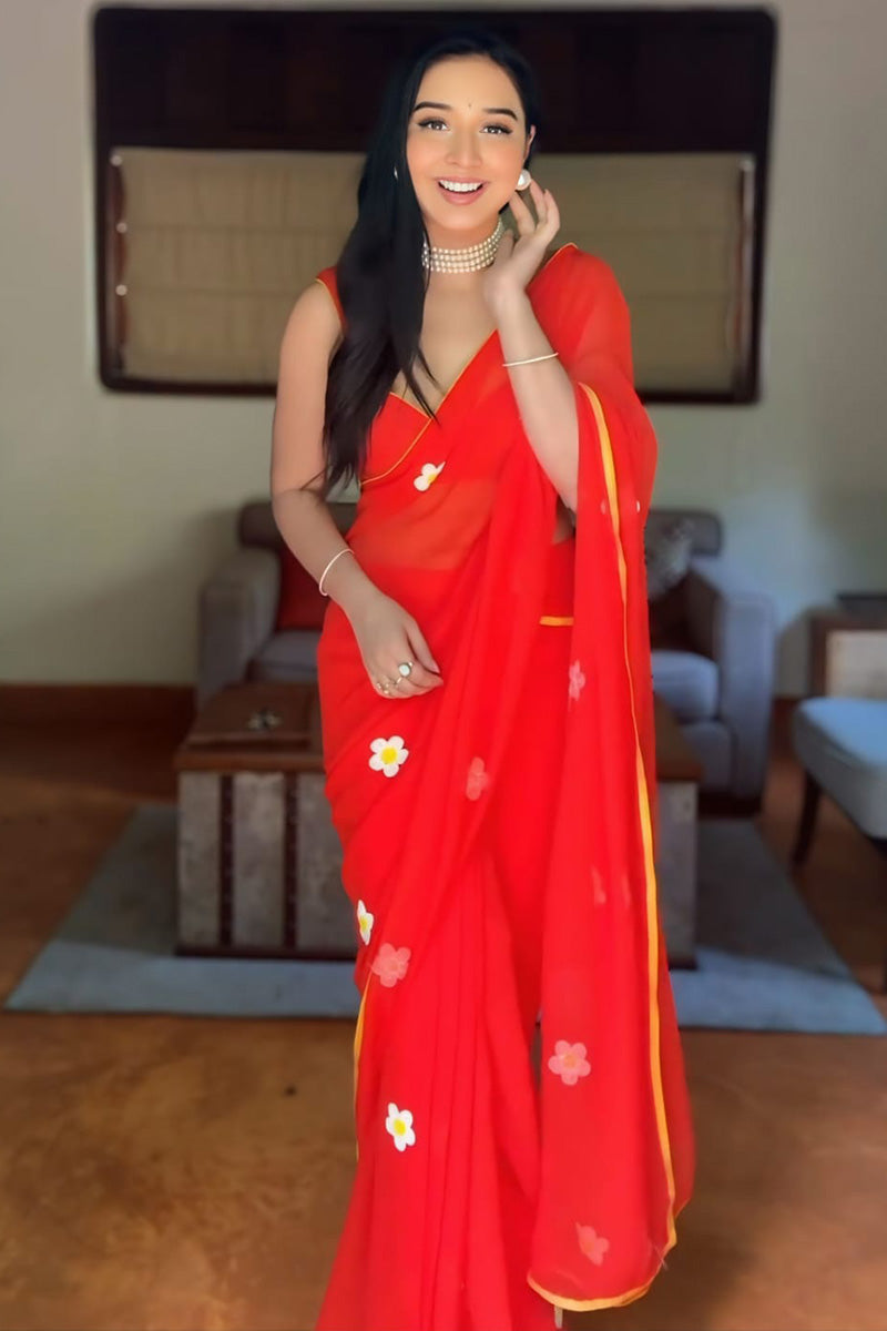 Sizzling 1-Minute Ready To Wear Red Georgette Saree