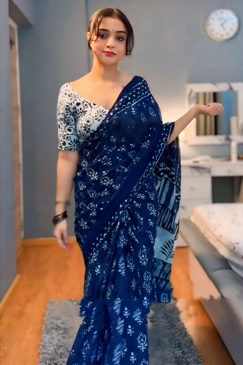 Most Stunning 1-Minute Ready To Wear Blue Cotton Saree