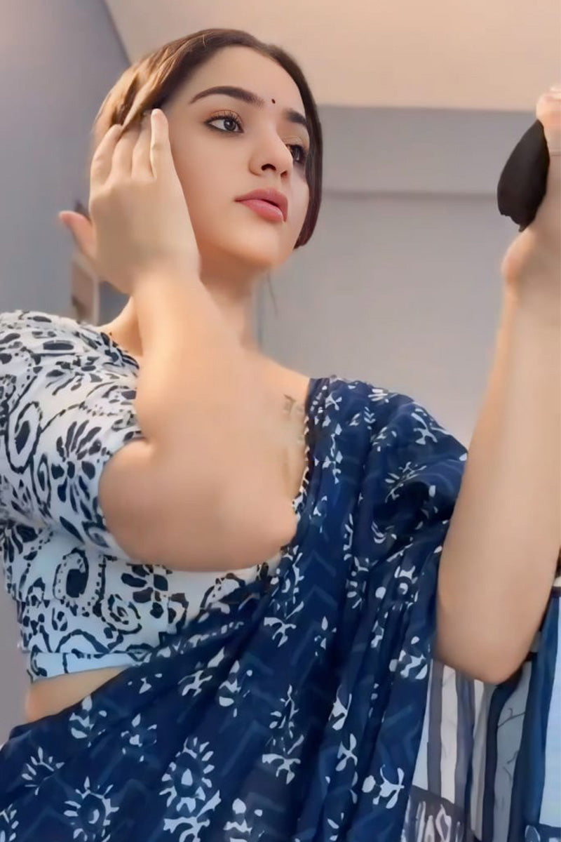 Most Stunning 1-Minute Ready To Wear Blue Cotton Saree