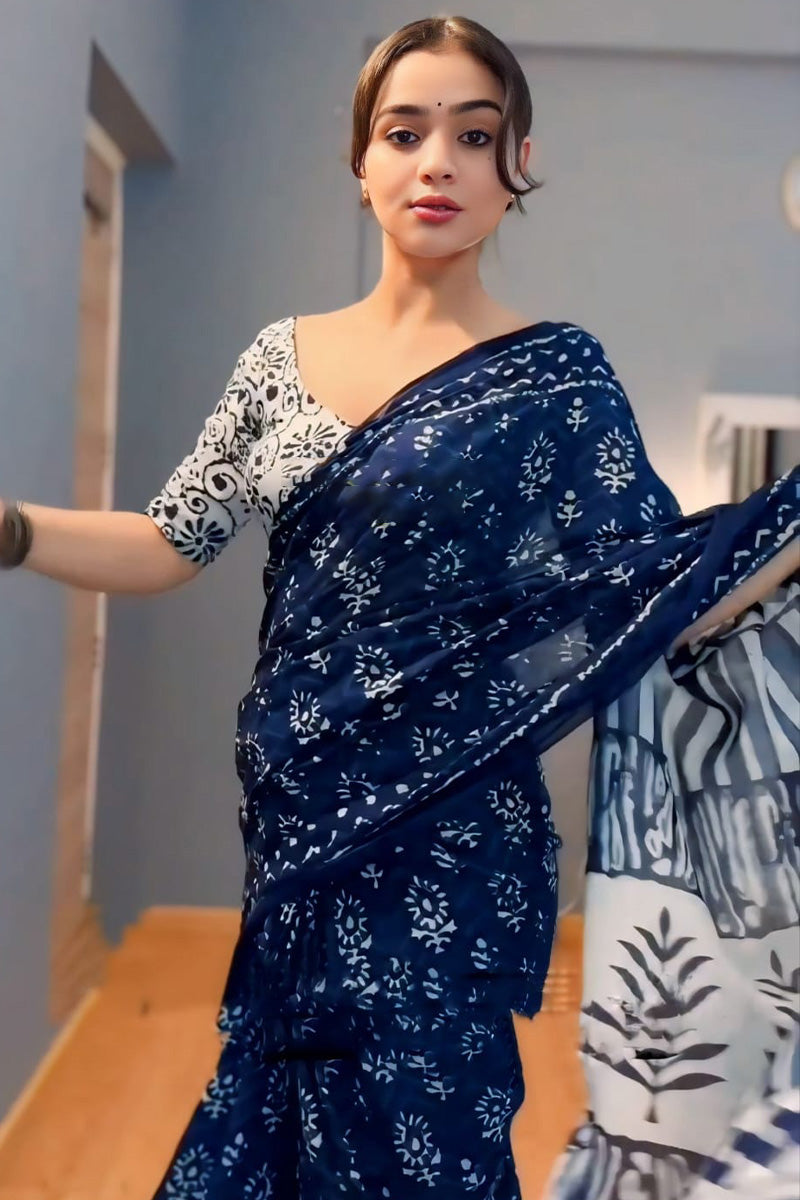 Most Stunning 1-Minute Ready To Wear Blue Cotton Saree