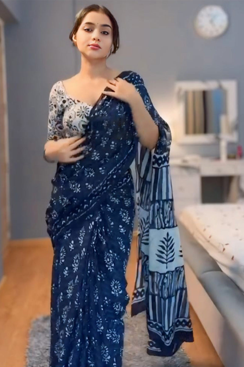 Most Stunning 1-Minute Ready To Wear Blue Cotton Saree