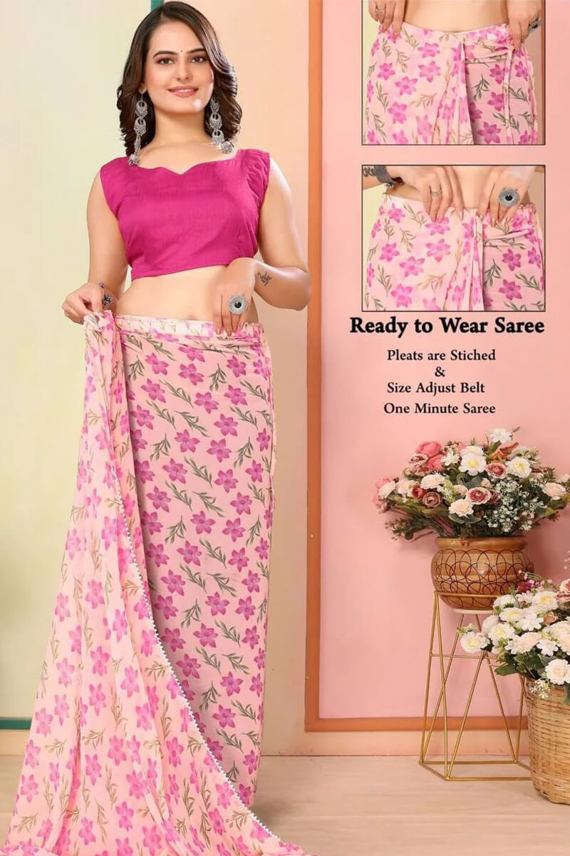 Sizzling 1-Minute Ready To Wear Pink Georgette Saree