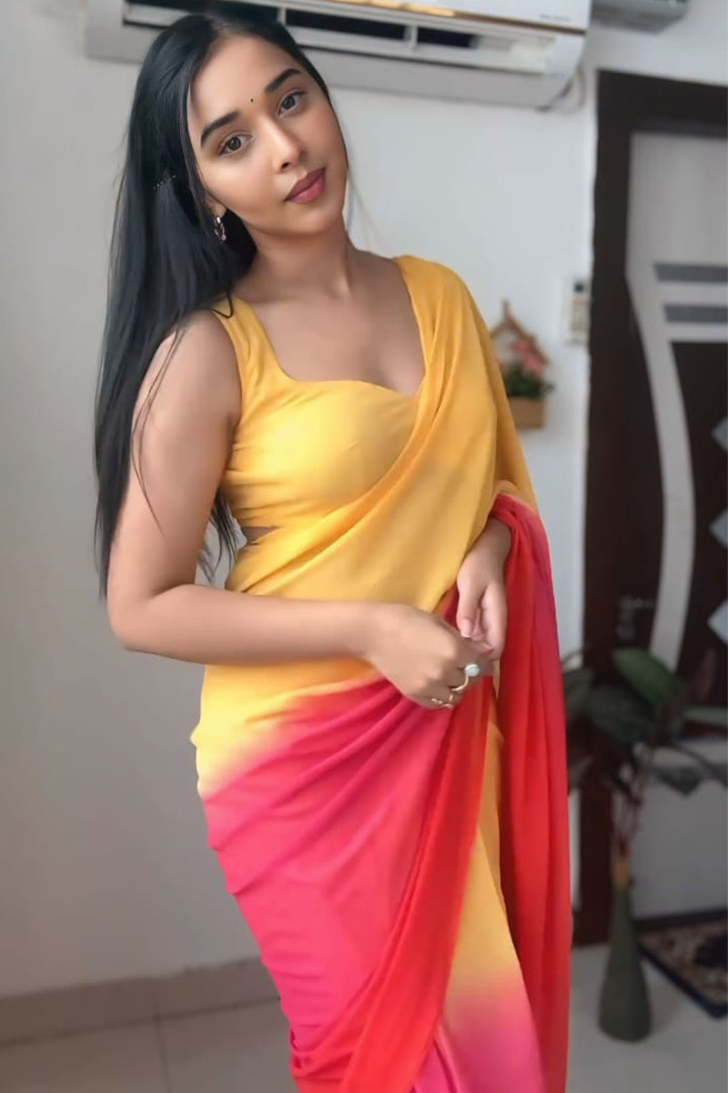Scrumptious 1-Minute Ready To Wear Yellow and Red Georgette Saree