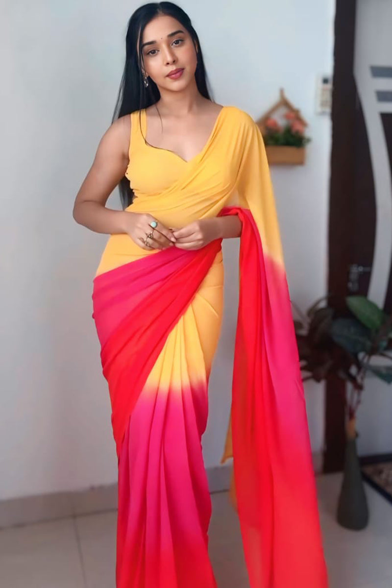 Scrumptious 1-Minute Ready To Wear Yellow and Red Georgette Saree