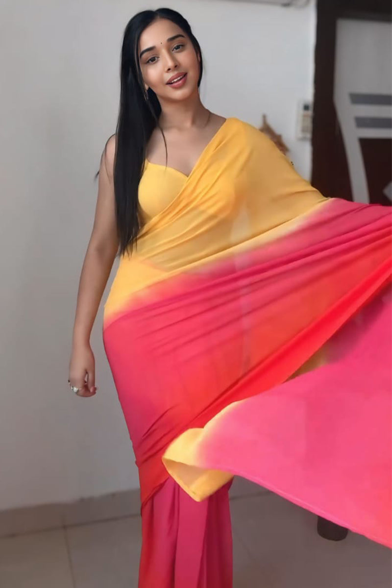 Scrumptious 1-Minute Ready To Wear Yellow and Red Georgette Saree