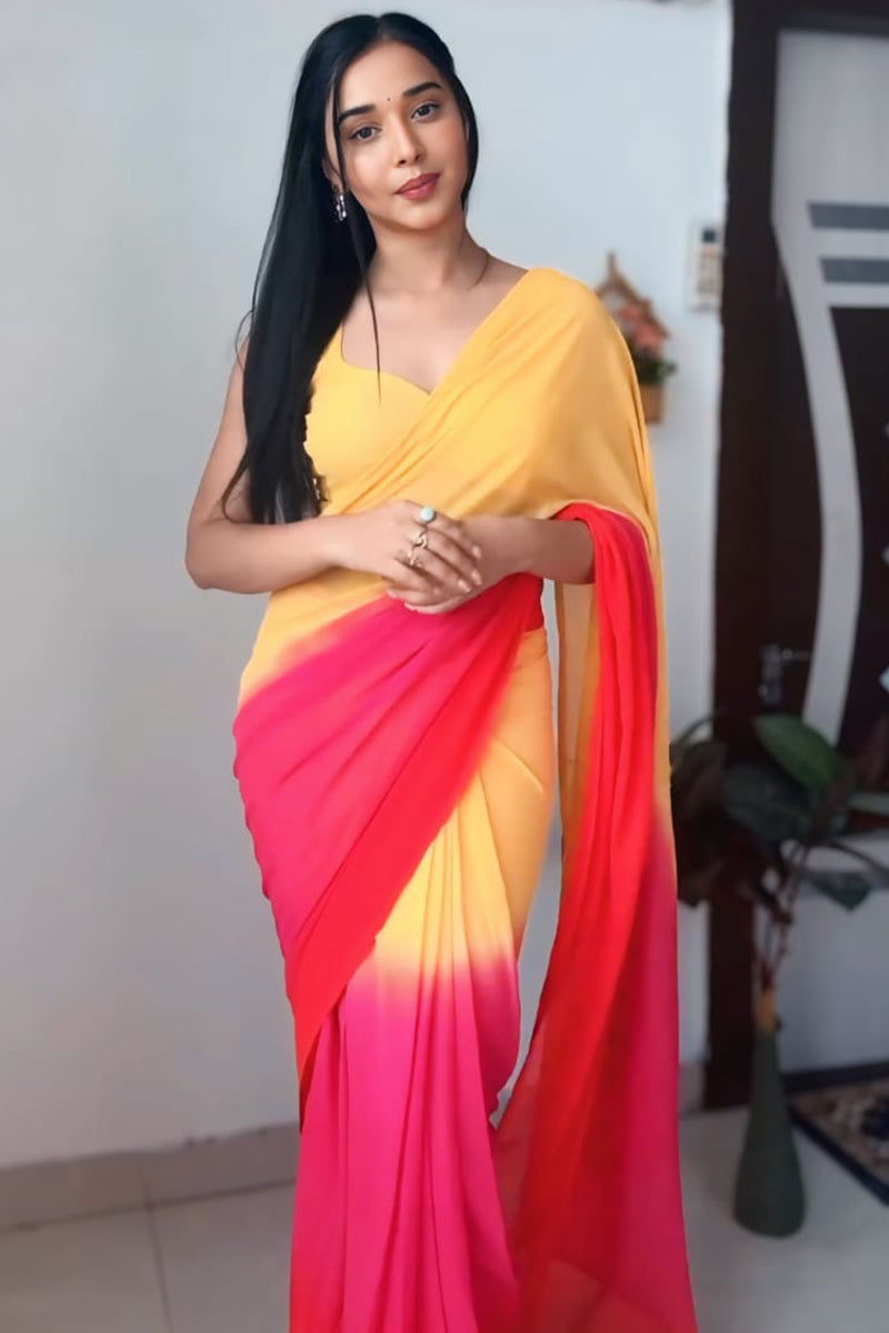 Scrumptious 1-Minute Ready To Wear Yellow and Red Georgette Saree