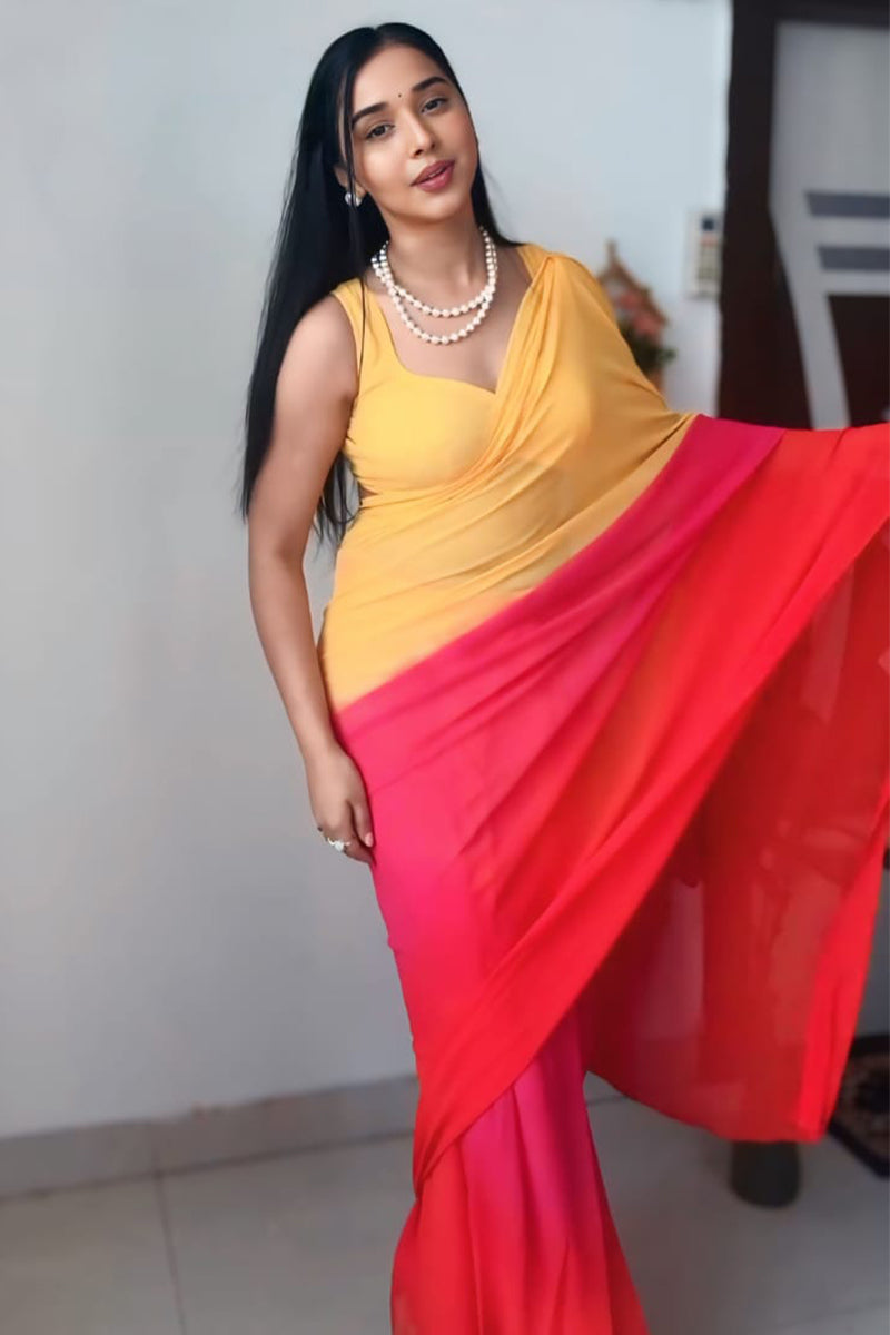 Scrumptious 1-Minute Ready To Wear Yellow and Red Georgette Saree