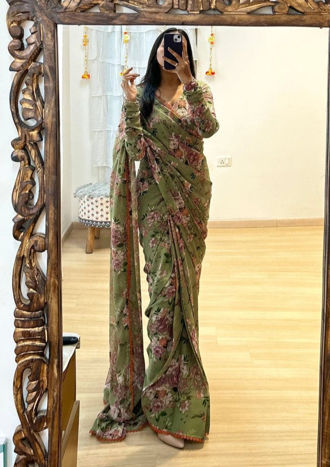 Enigmatic 1-Minute Ready To Wear Green Georgette Saree