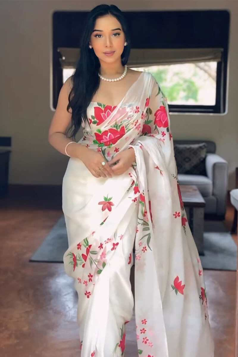 Stunner 1-Minute Ready To Wear White Organza Silk Saree