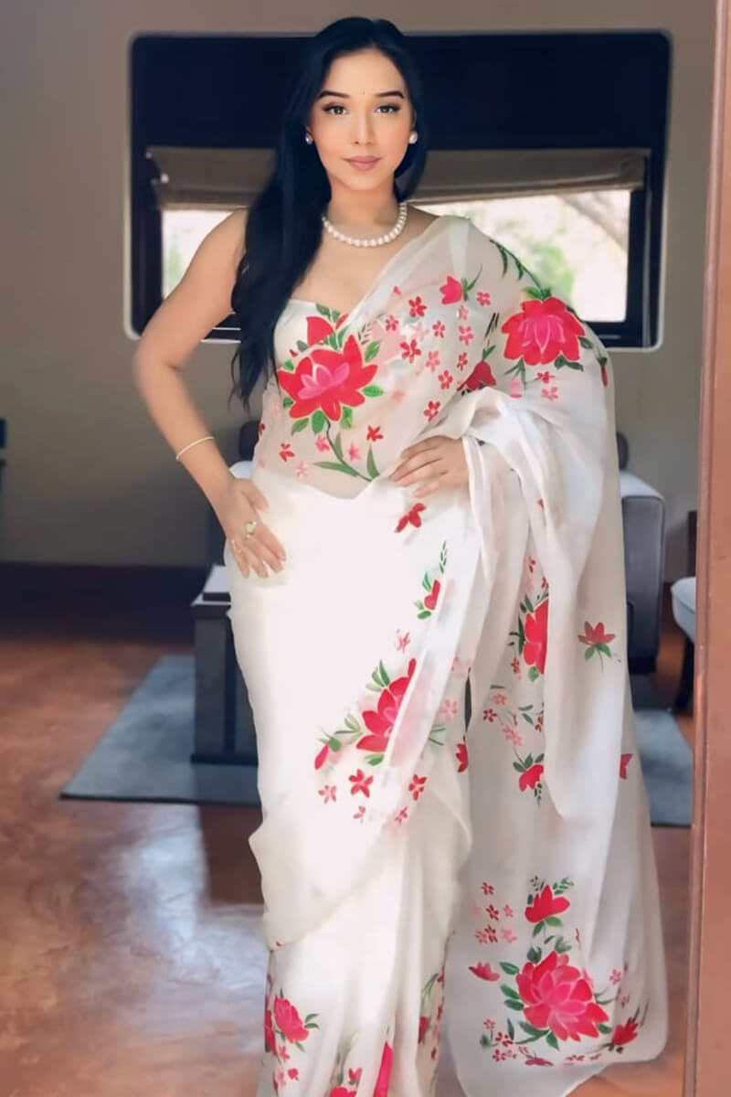 Stunner 1-Minute Ready To Wear White Organza Silk Saree