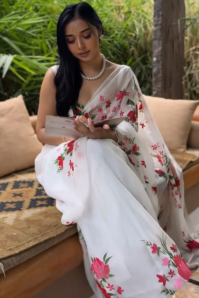 Stunner 1-Minute Ready To Wear White Organza Silk Saree