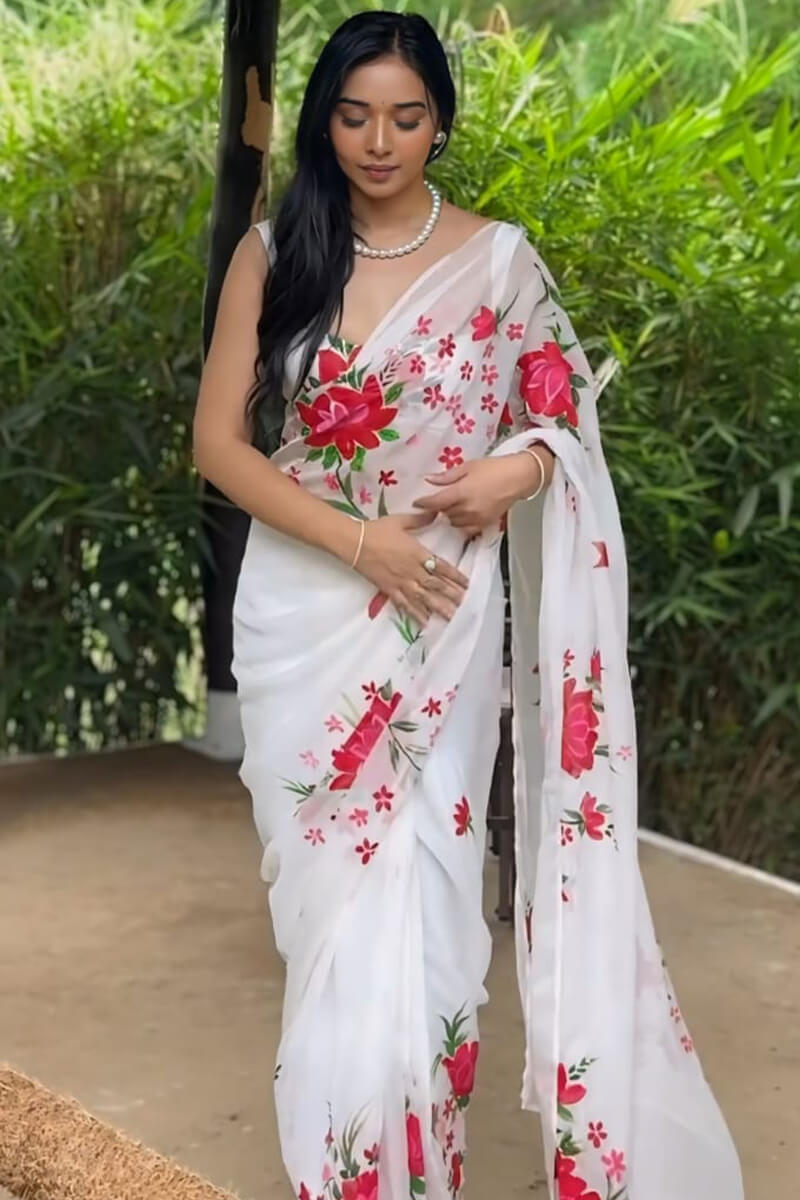 Stunner 1-Minute Ready To Wear White Organza Silk Saree