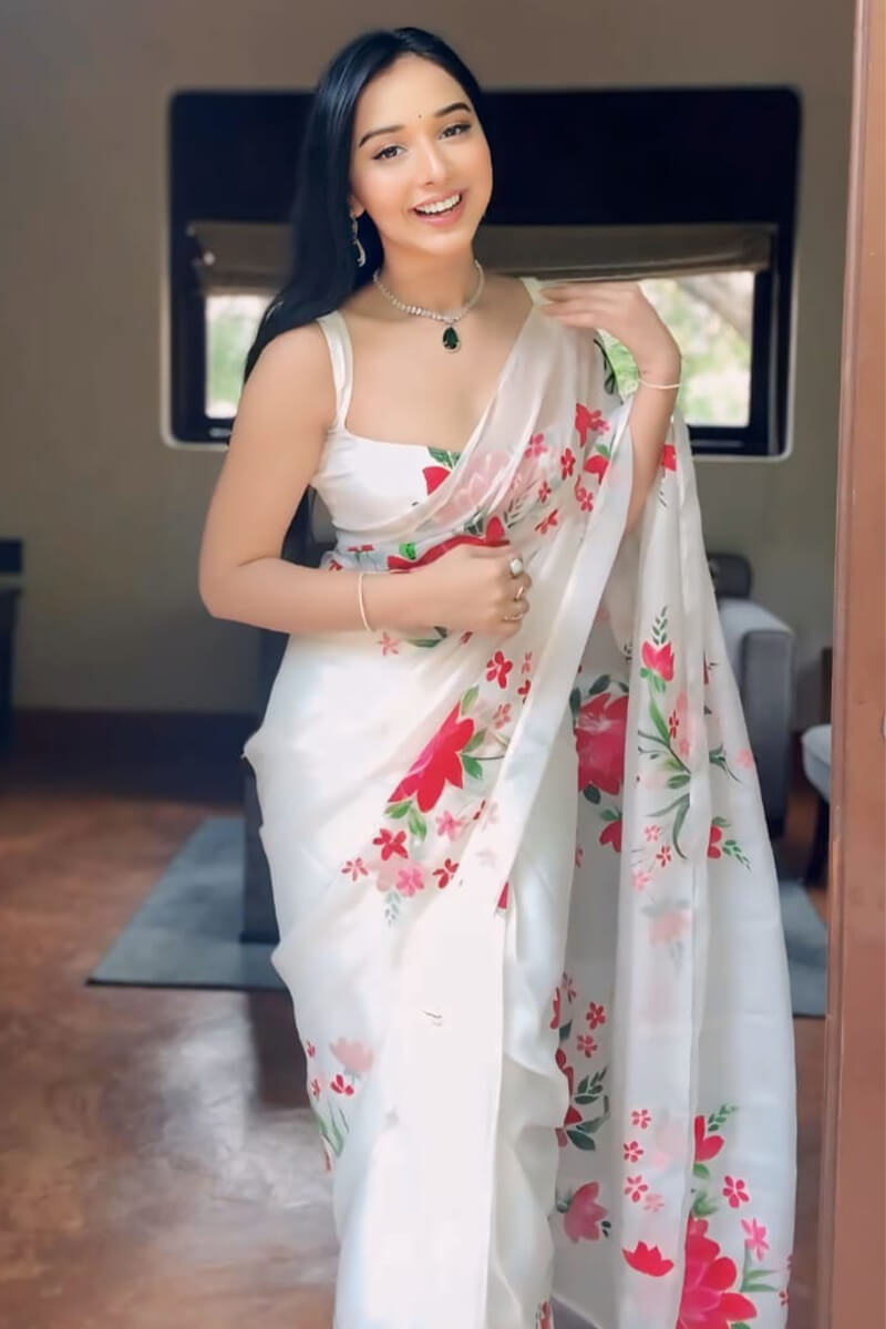 Stunner 1-Minute Ready To Wear White Organza Silk Saree