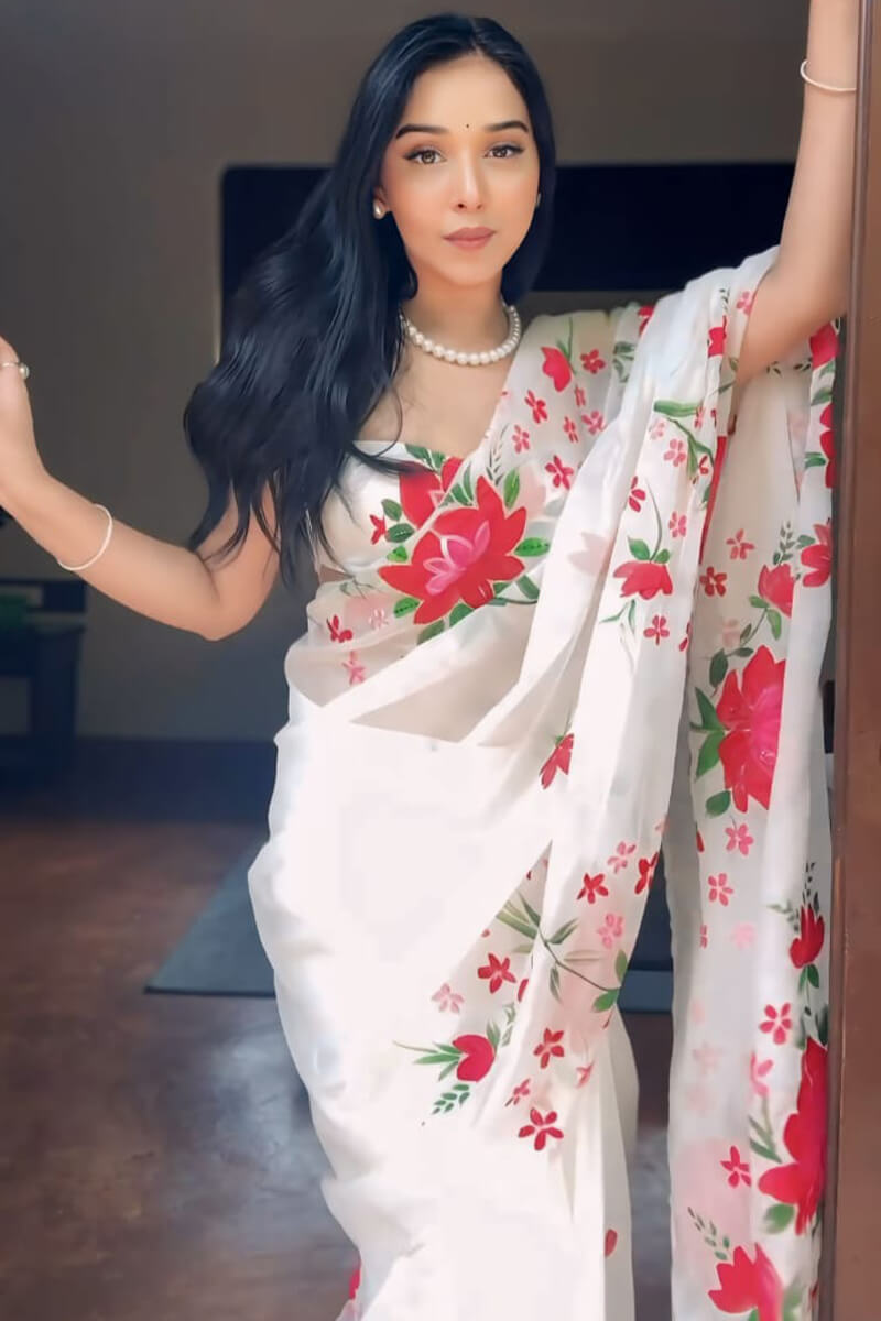 Stunner 1-Minute Ready To Wear White Organza Silk Saree