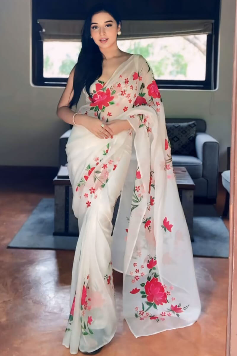 Stunner 1-Minute Ready To Wear White Organza Silk Saree