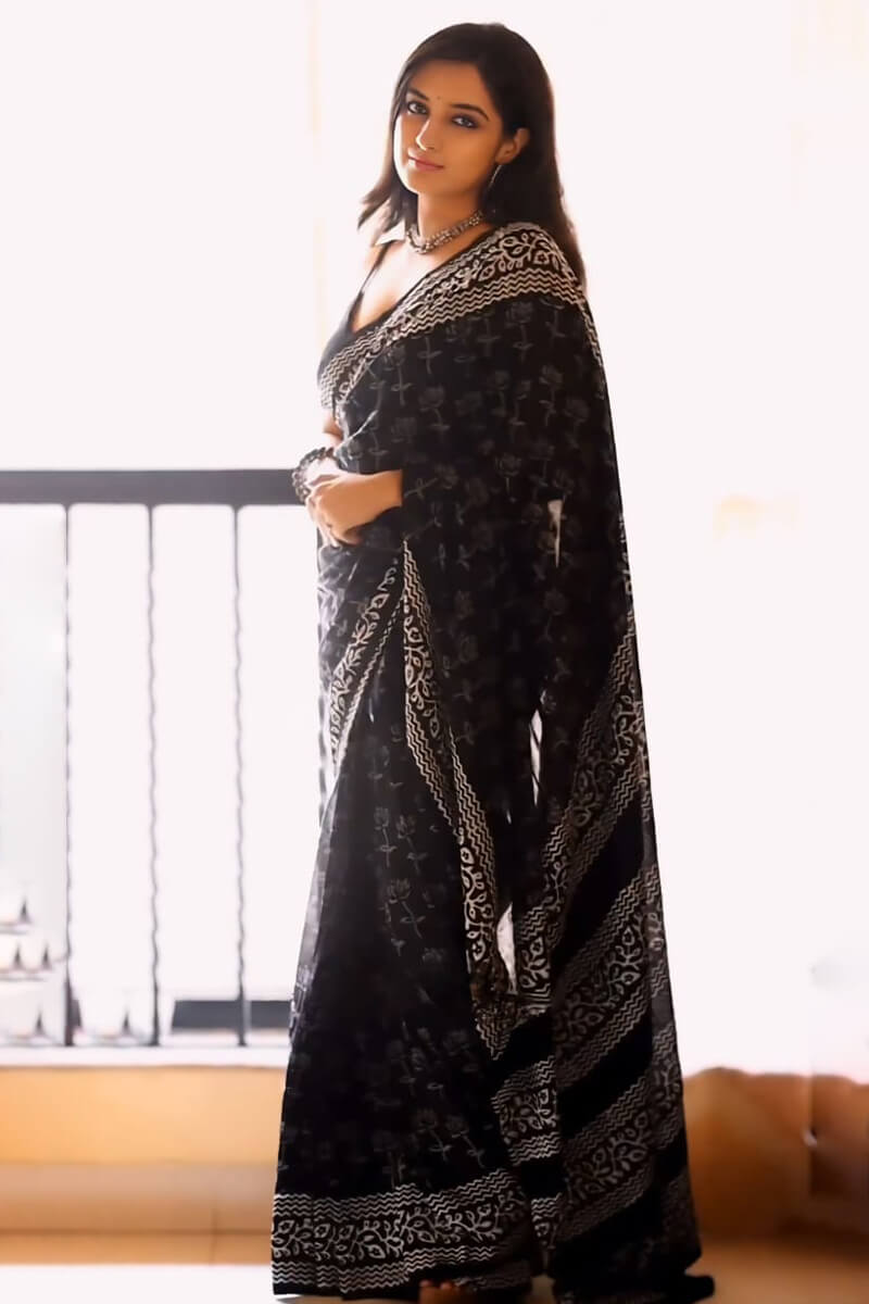 Evanescent 1-Minute Ready To Wear Black Cotton Saree