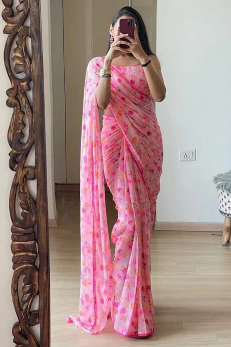 Classic 1-Minute Ready To Wear Pink Georgette Saree