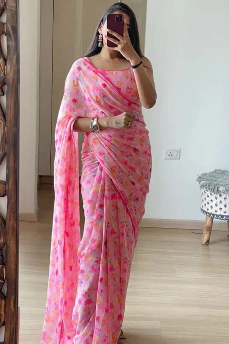 Classic 1-Minute Ready To Wear Pink Georgette Saree