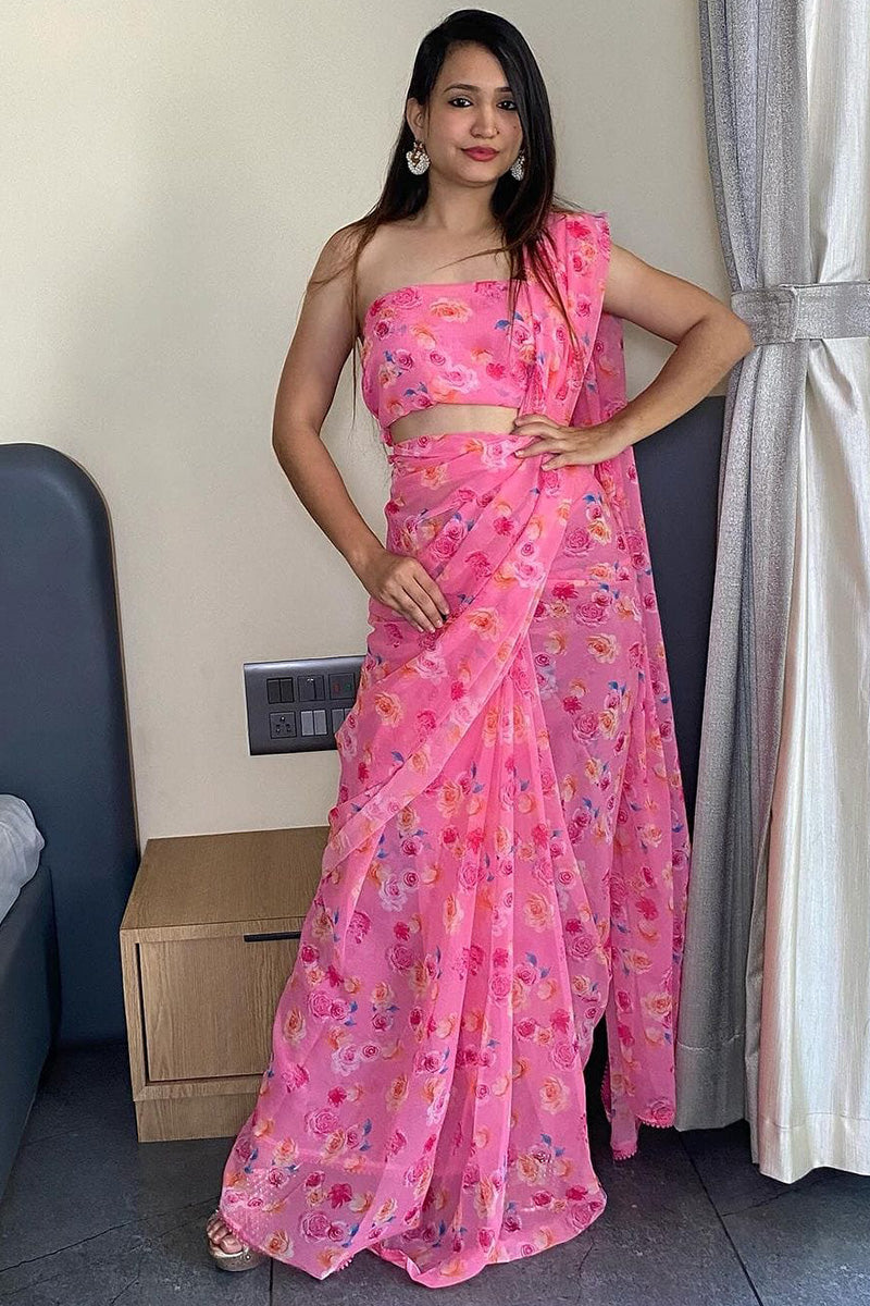 Classic 1-Minute Ready To Wear Pink Georgette Saree