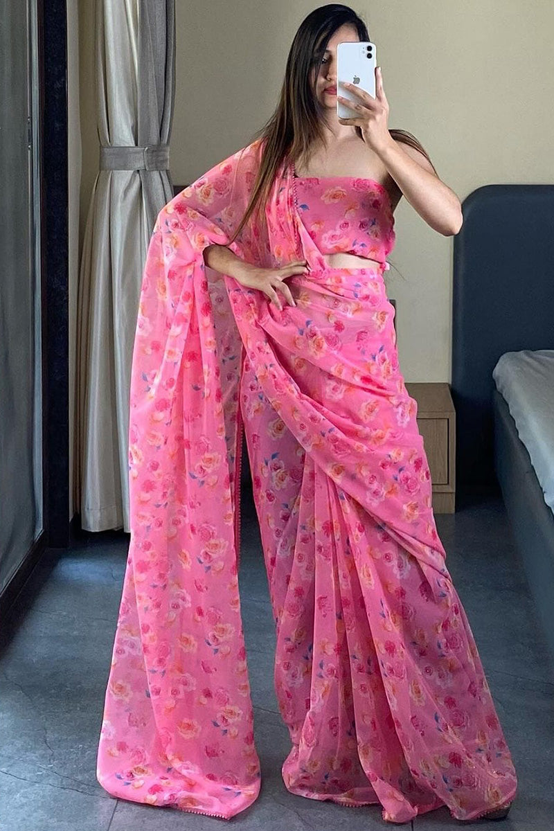 Classic 1-Minute Ready To Wear Pink Georgette Saree